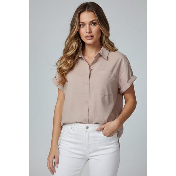 Stitch Star Tops - Stitch Star Shirt Womens Small Short Sleeve Button Up Pocket Tan Lightweight Top